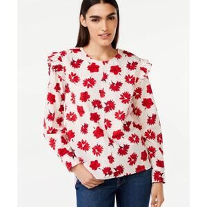 Free Assembly Ruffle Shoulder Floral Blouse XXL – Red Flower Print Cotton Top